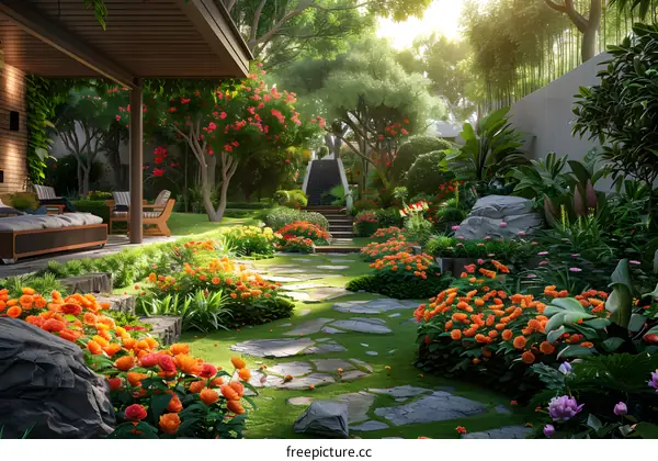 A lush garden with a variety of flowers and plants