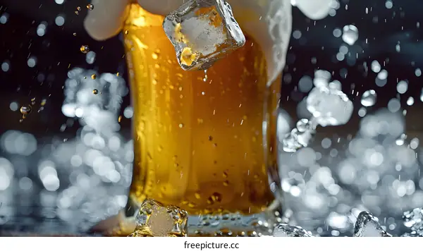 Ice Cube Dropping Into Glass of Beer