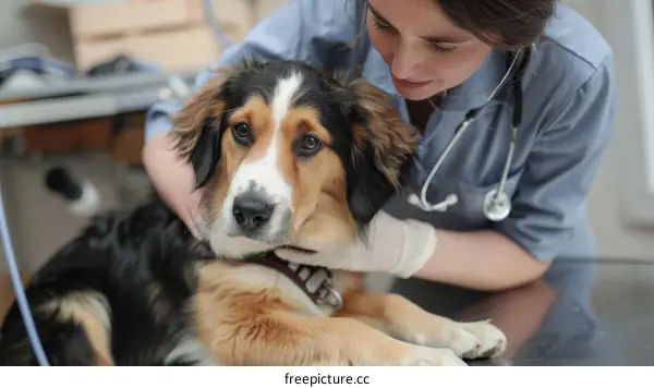 Close-up of a veterinarian examining a dog