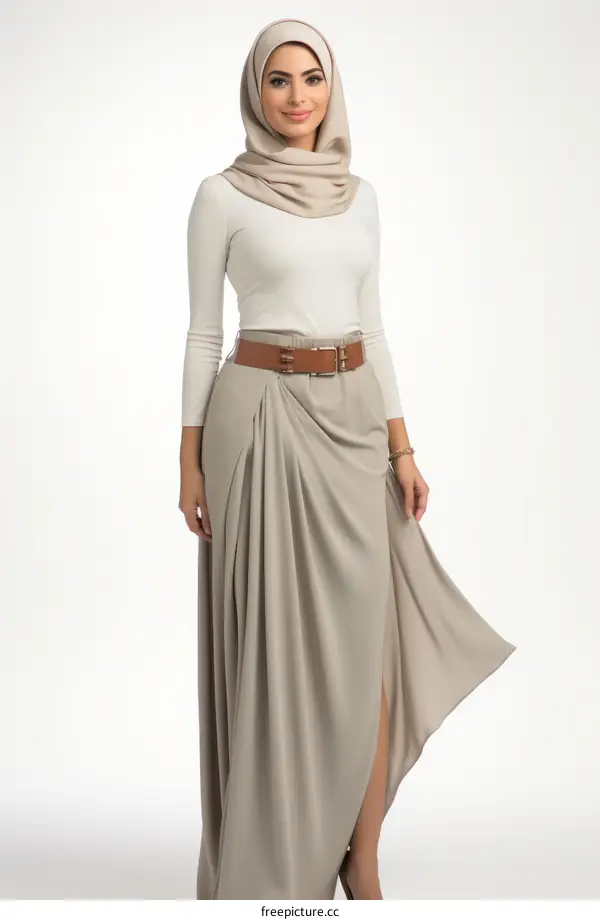 Middle Eastern woman wearing a white long-sleeved shirt, a brown belt, and a gray long skirt