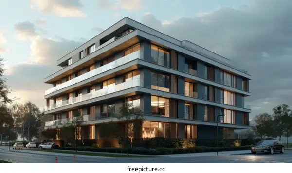 Modern Apartment Building Exterior at Night