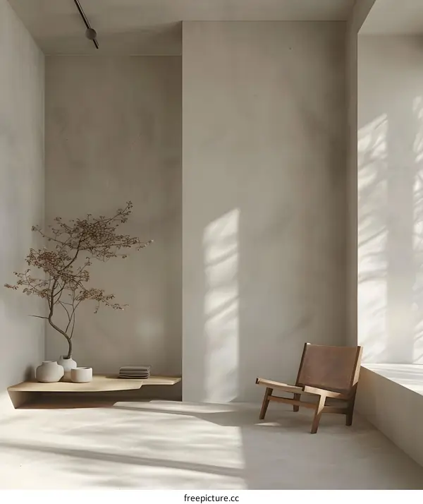Minimalist Living Room Interior Design with Wooden Chair and Plant