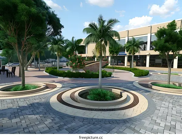 Modern Landscape Design with Circular Concrete Planters and Palm Trees