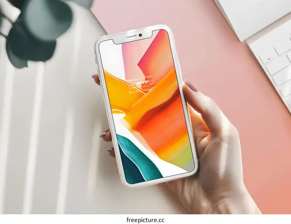 Woman Hand Holding White Smartphone with Abstract Artwork