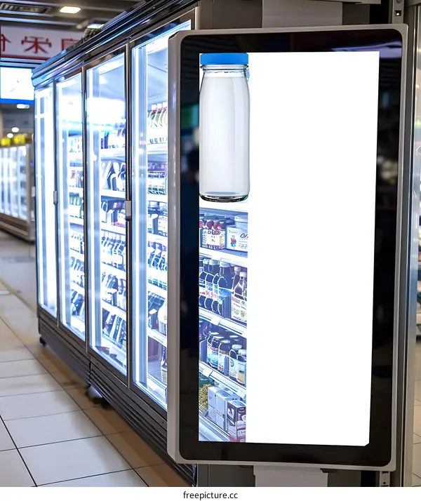 Blank Digital Signage in Supermarket with Glass Door Refrigerator