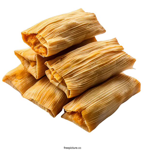 [Transparent Background PNG]A stack of tamales, a traditional Mexican dish made from cornmeal dough and filled with a variety of ingredients such as meat, cheese, or vegetables.