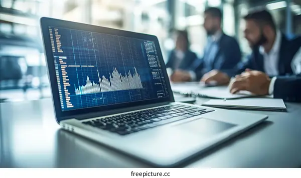Business Meeting with Laptop Displaying Financial Chart
