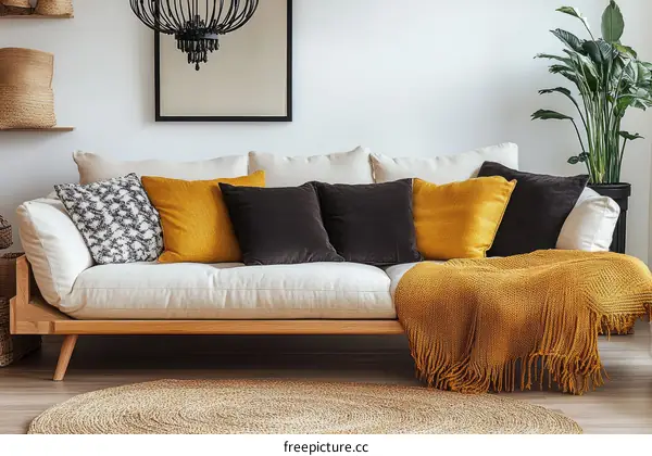 Modern Beige Sofa with Mustard Yellow Throw and Pillows