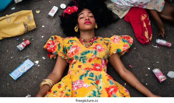 Woman in Yellow Floral Dress Lying on Ground with Trash Around Her