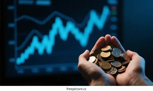 Hands holding coins in front of stock market chart