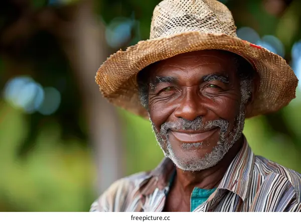 Smiling Senior Man Wearing Straw Hat