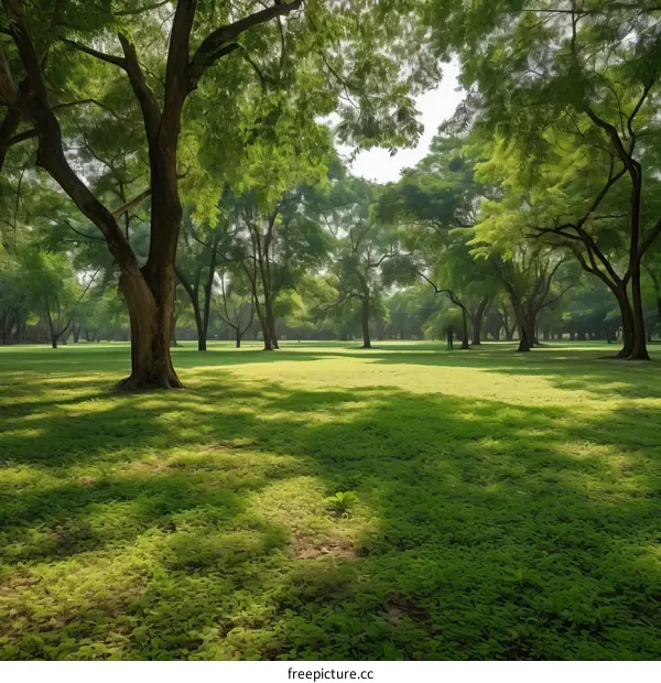 The sun shines through the trees in the park