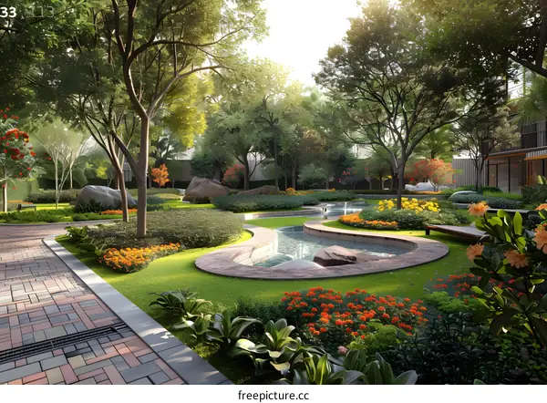 A lush park with a meandering stream and a stone bridge