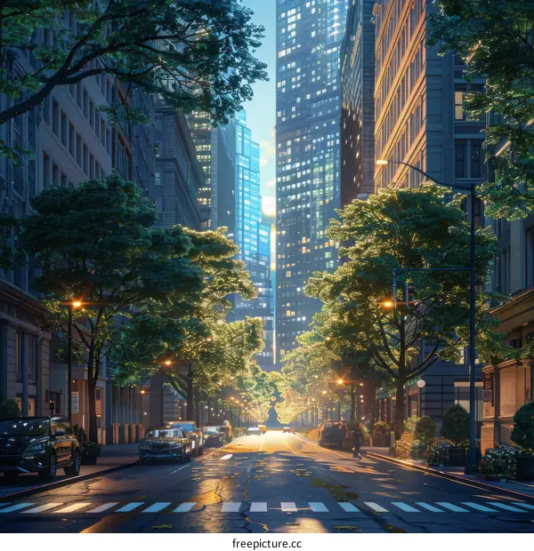 Urban Street Scene at Dusk with Lush Trees