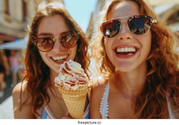 Two happy young women eating ice cream outdoors in the summer