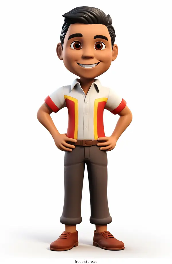 3D Rendering of a Boy in a Red and Yellow Shirt and Brown Pants
