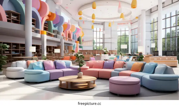 Modern Library Interior with Colorful and Comfortable Furniture