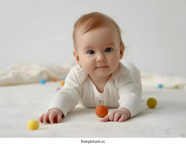 Baby lying on a white blanket and playing with colorful felt balls