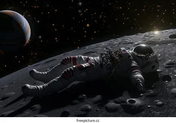 An astronaut in a spacesuit is lying on the surface of the moon with a planet in the background