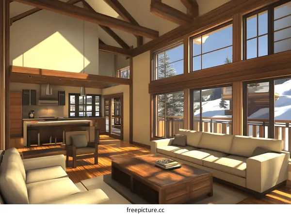Modern Living Room Design With Wooden Beams And Large Windows