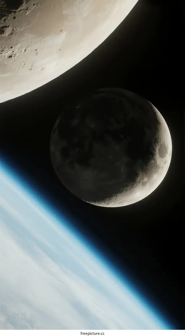 Earth and Moons in Space with Partial Illumination