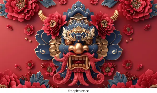 A blue and gold dragon mask with red and pink flowers on a red background