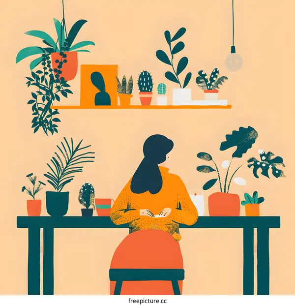 Woman Sitting at a Table with Plants