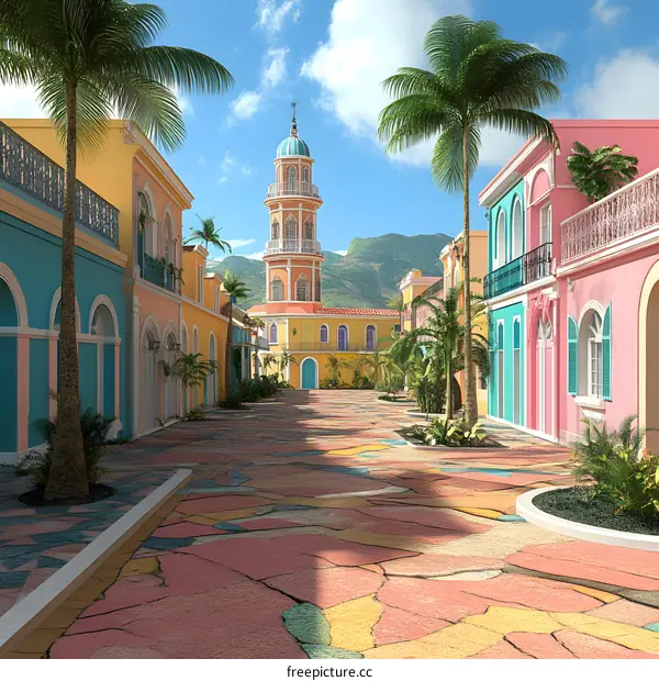 Colorful Buildings and Palm Trees in a Tropical Town
