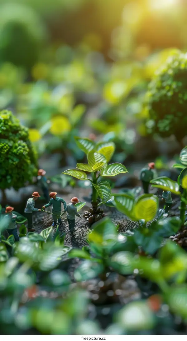 Miniature people planting and taking care of small trees in the forest