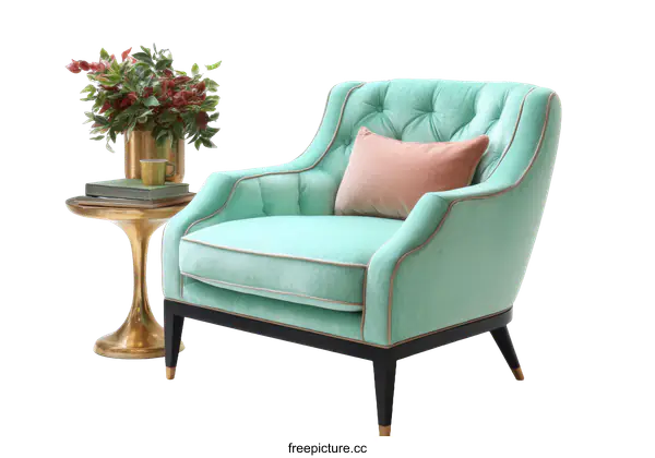 [Transparent Background PNG]Elegant Mint Green Velvet Armchair with Gold Accent
