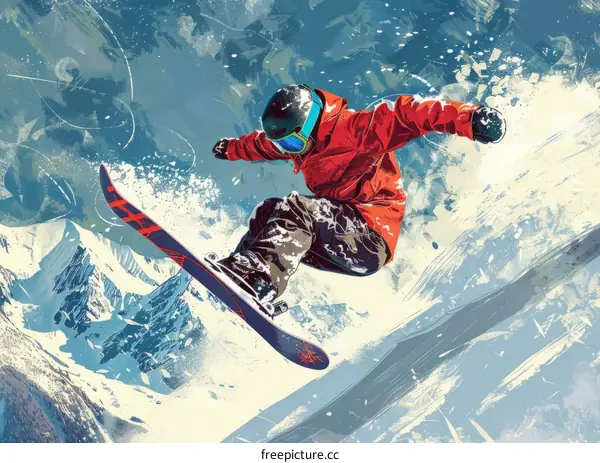 A snowboarder jumps over a snowy mountain