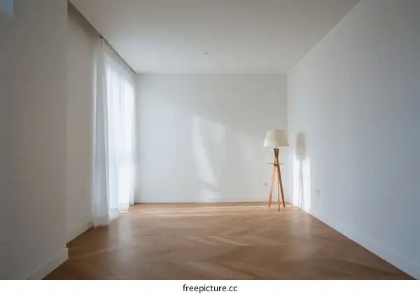 Empty room with wooden floor and floor lamp for modern interior design