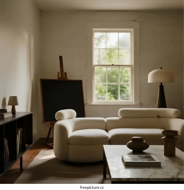 Modern living room with white sofa and large window view