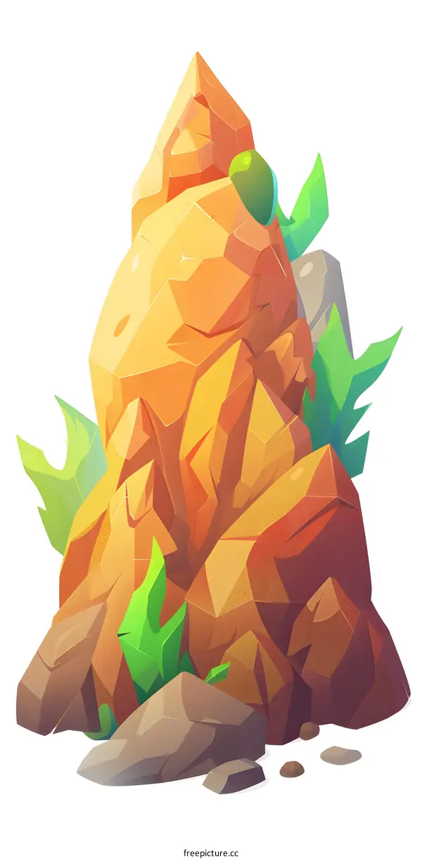 Cartoon Style Rock Formation with Green Plants