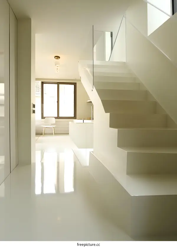 Modern Interior Design with White Staircase and Glossy Floor