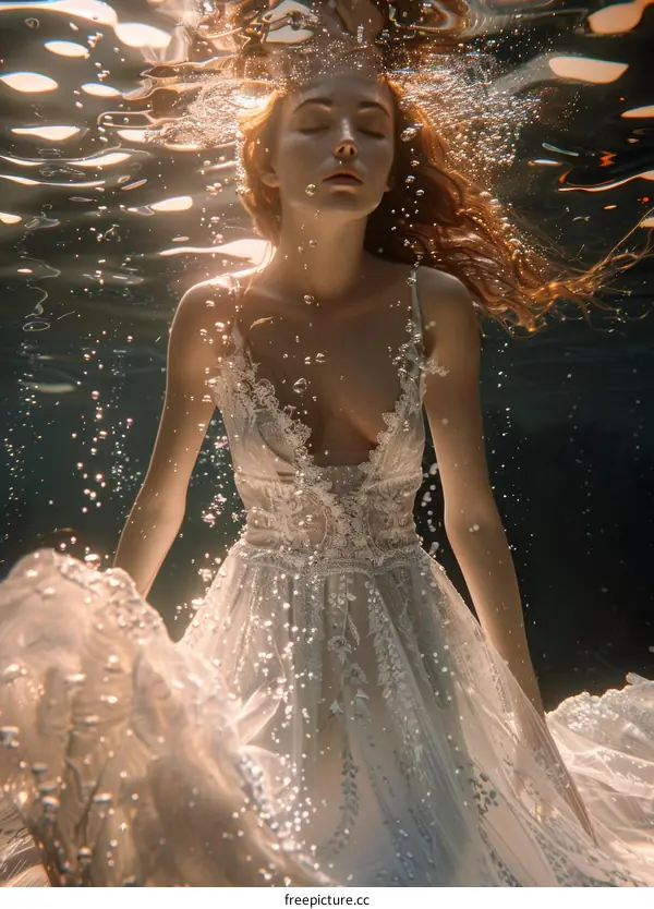 A woman in a flowing white dress floats gracefully underwater with her eyes closed, surrounded by ethereal bubbles.