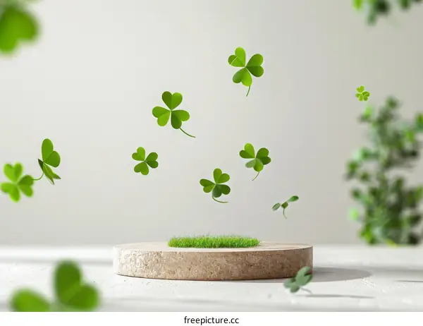 Fresh green clover leaves levitate above a podium against a white background