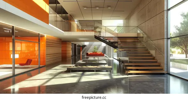 Office interior with modern glass staircase and orange accents