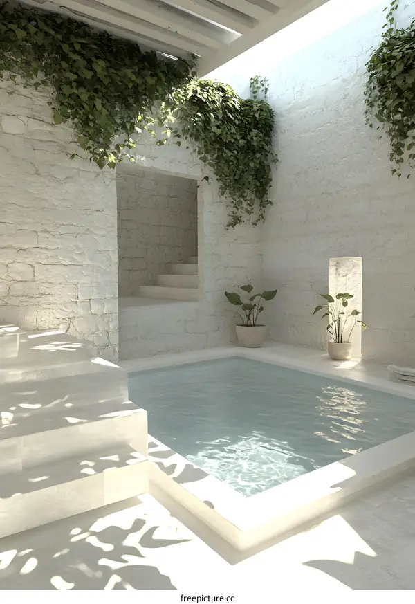 Minimalist White Courtyard with Small Pool and Greenery