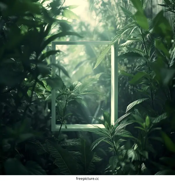 lush green plants in a jungle with a glowing white frame