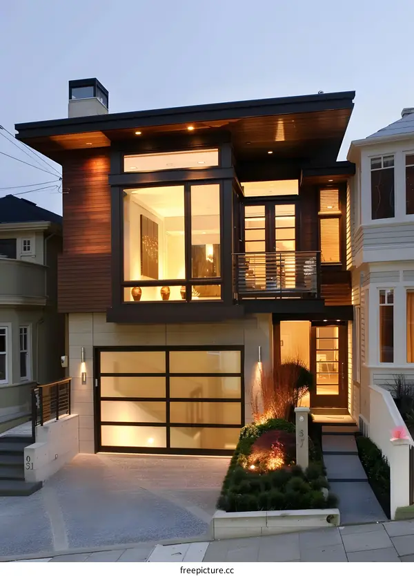 Modern Home with Garage Door and Front Yard