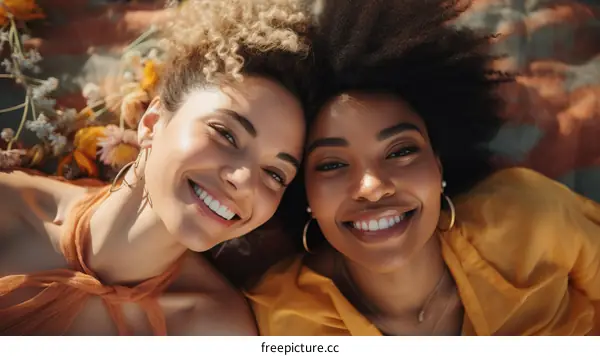 Two beautiful young women lying on a blanket and smiling at the camera