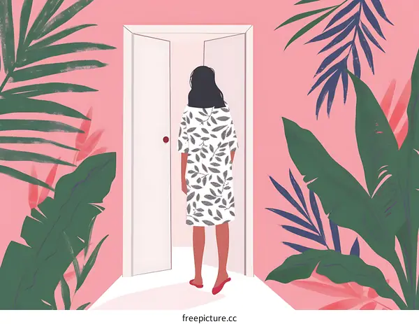 Woman Standing In Doorway With Tropical Plants