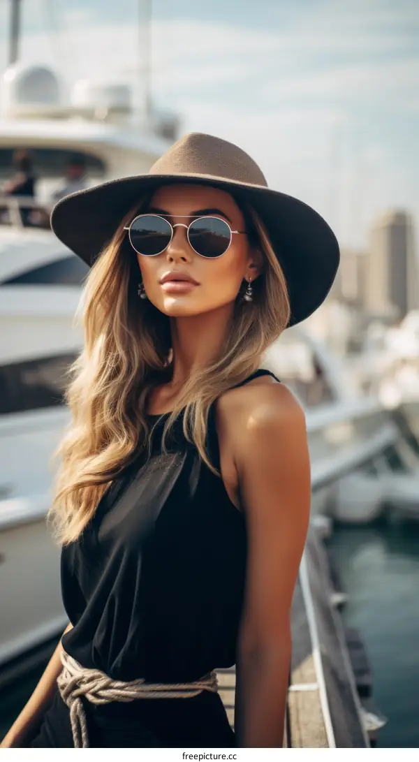 Elegant woman in a hat and sunglasses posing on a yacht