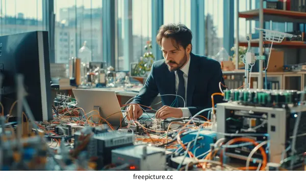 Male engineer working on a complex electronic circuit board in a modern laboratory.