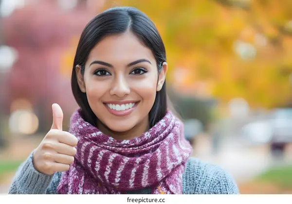 Smiling Woman With Thumbs Up in Autumn