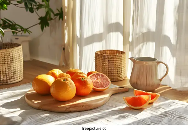 Fresh Oranges and Grapefruit on a Wooden Cutting Board in a Kitchen Setting