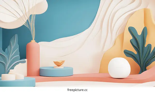 Abstract 3D Background with White Curved Shapes,  Blue, Yellow, and Pink