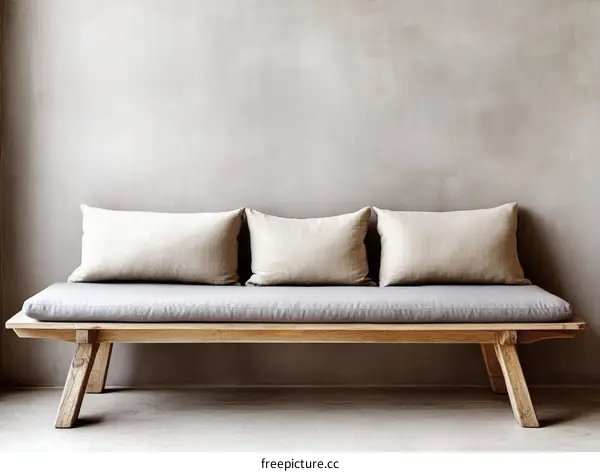 Simple Wooden Bench with Beige Pillows against a Neutral Wall