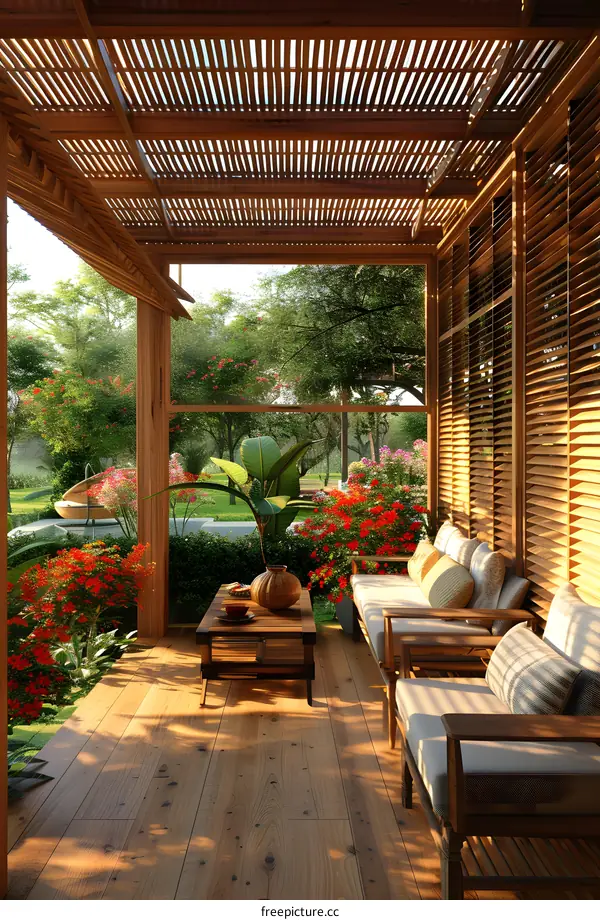 Wooden Patio With Sunbeams Shining Through The Roof